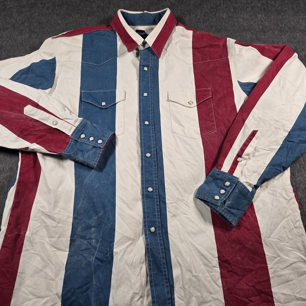 Vtg 90s Wrangler Brushpopper Western Shirt Mens XXLT Red White Blue Block Stripe